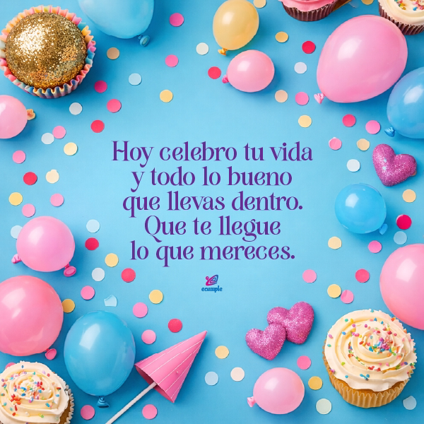 Fondo azul con globos y cupcakes; deseo de cumpleaños emotivo para celebrar la vida y desear lo mejor.