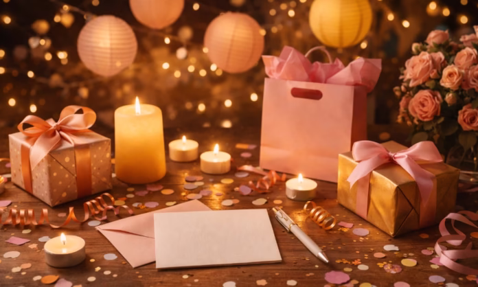 deseos-de-cumpleanos Mesa festiva con regalos, velas encendidas y confeti; imagen ideal para artículo de deseos de cumpleaños y felicitaciones.