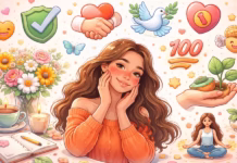 Frases de amor propio cortas y bonitas para fotos y estados (copiar y pegar) Ilustración editorial panorámica sobre frases de amor propio, con chica sonriente y símbolos de calma, límites, autocuidado y autoestima.