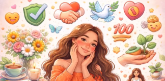 Frases de amor propio cortas y bonitas para fotos y estados (copiar y pegar) Ilustración editorial panorámica sobre frases de amor propio, con chica sonriente y símbolos de calma, límites, autocuidado y autoestima.