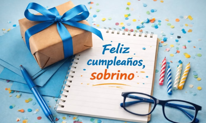 Regalo con cinta azul y libreta sobre mesa con confeti, ideas de felicitaciones de cumpleaños para un sobrino