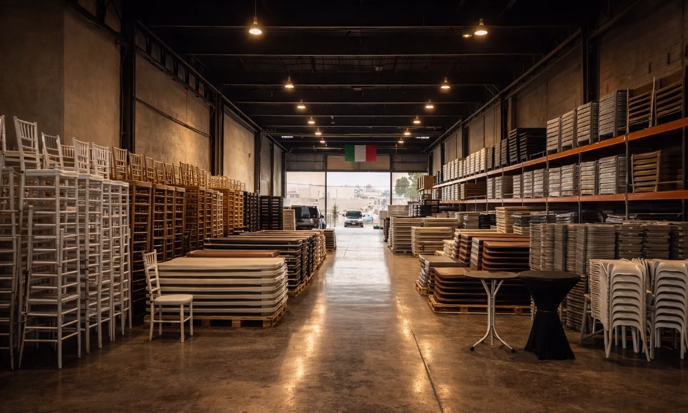 Bodega con sillas y mesas apiladas para renta de mobiliario para eventos, vista interior.