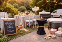 Renta de sillas y mesas en México: precios, paquetes y entrega Escena panorámica de renta de sillas y mesas con mobiliario montado, mesas apiladas y vehículo de entrega.