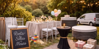 Renta de sillas y mesas en México: precios, paquetes y entrega Escena panorámica de renta de sillas y mesas con mobiliario montado, mesas apiladas y vehículo de entrega.