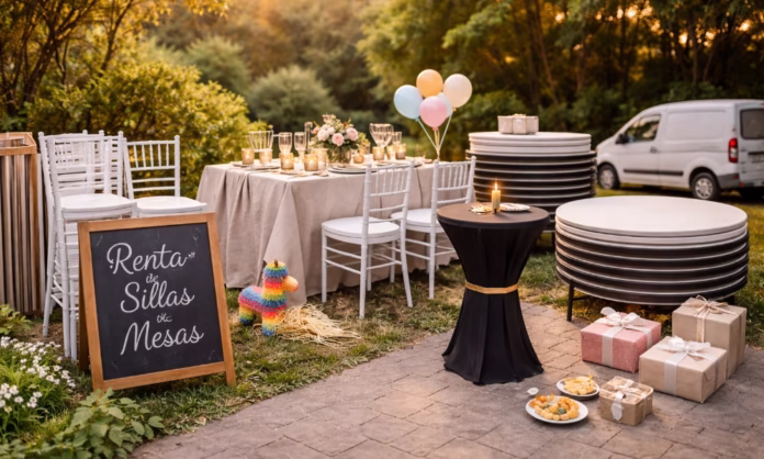 renta-de-sillas-y-mesas-mexico-panorama-entrega Escena panorámica de renta de sillas y mesas con mobiliario montado, mesas apiladas y vehículo de entrega.