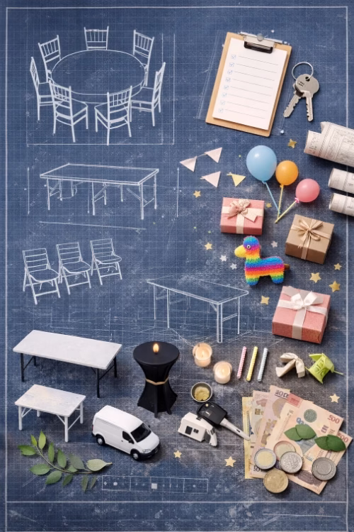 Planeación de renta de sillas y mesas: plano tipo blueprint con checklist, mesas, sillas y accesorios de evento.