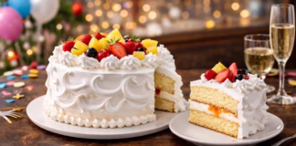 Cómo hacer un bizcocho dominicano rico, esponjoso y perfecto para cumpleaños Bizcocho dominicano con suspiro blanco, frutas frescas y relleno visible sobre mesa de celebración