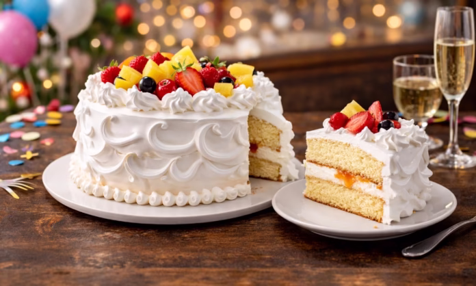 bizcocho-dominicano0 Bizcocho dominicano con suspiro blanco, frutas frescas y relleno visible sobre mesa de celebración