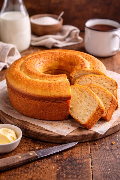 Bizcocho casero dorado en molde redondo con rebanadas cortadas sobre base de madera rústica