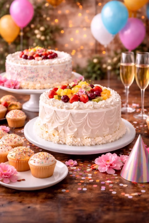 Mesa dulce con pastel blanco de frutas, cupcakes y decoración festiva en formato vertical