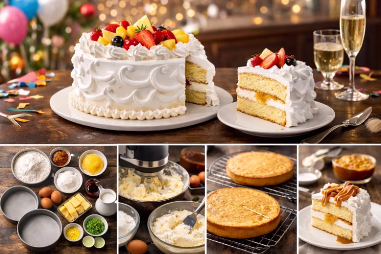 Ingredientes y pasos para preparar un bizcocho relleno con cubierta cremosa y capas horneadas