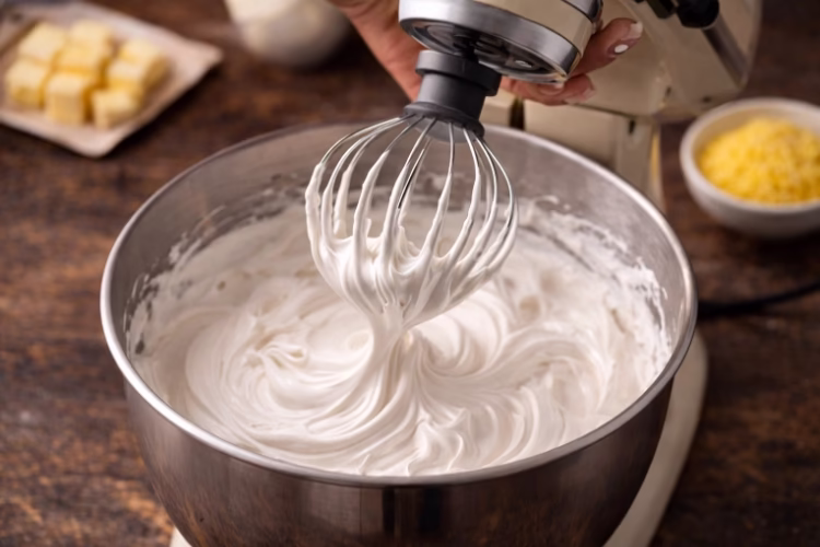 Batido de merengue espeso en bowl metálico con batidora de repostería en primer plano