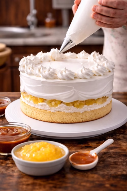 Preparación de bizcocho dominicano con relleno de piña y suspiro aplicado con manga pastelera