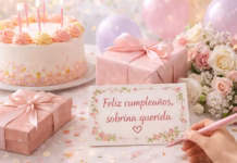 Felicitaciones de cumpleaños para una sobrina: frases bonitas y mensajes para dedicar Felicitaciones de cumpleaños para una sobrina con pastel, regalos y tarjeta de dedicatoria en una celebración tierna y elegante.