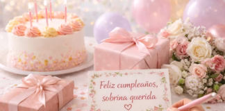 Felicitaciones de cumpleaños para una sobrina: frases bonitas y mensajes para dedicar Felicitaciones de cumpleaños para una sobrina con pastel, regalos y tarjeta de dedicatoria en una celebración tierna y elegante.