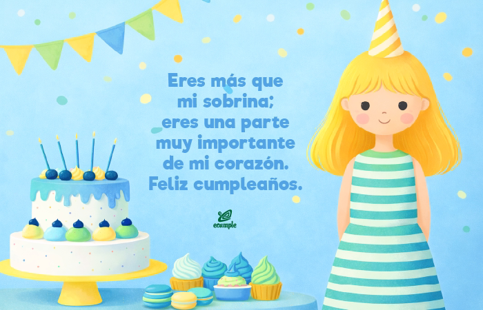 Ilustración infantil con pastel azul, niña rubia con gorro de fiesta y mensaje cariñoso dedicado a una sobrina.
