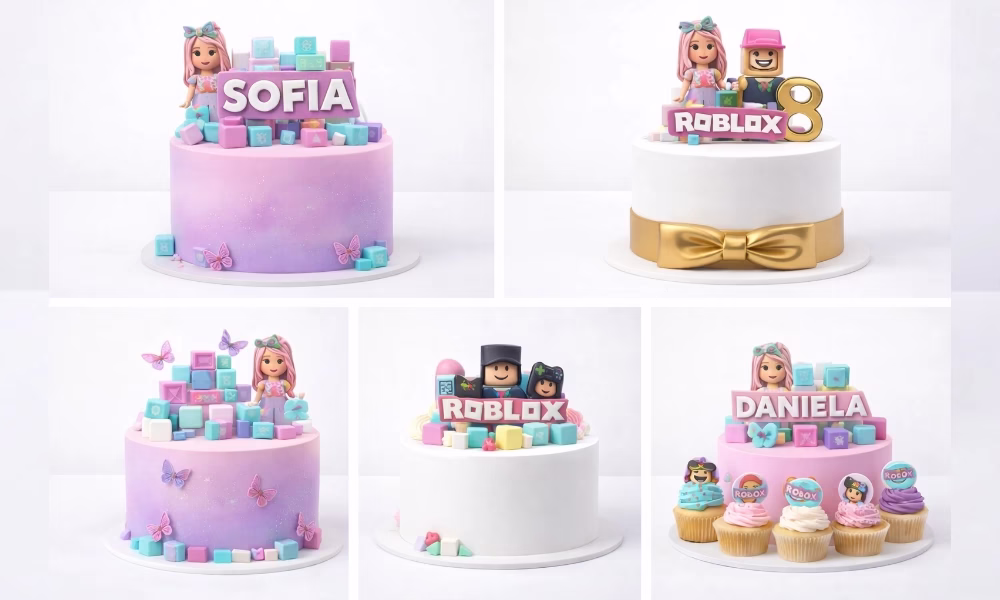 Cinco diseños para niña en tonos rosa, lila y turquesa con toppers grandes, mariposas y cupcakes a juego