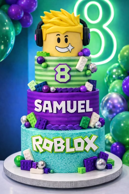 Pastel de tres pisos en verde, morado y turquesa con figura de avatar, número 8 y globos decorativos