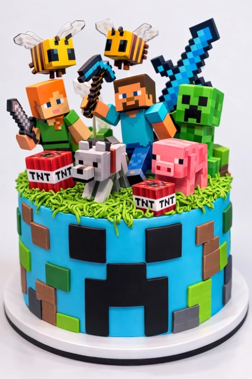 Pastel inspirado en Minecraft con personajes, abejas, lobo, cerdo y bloques pixelados sobre fondo blanco
