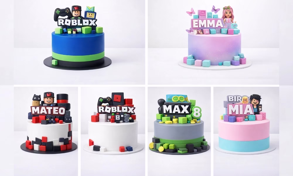 Cinco ideas de pasteles inspirados en Roblox con combinaciones de azul, rosa, negro, gris y toppers personalizados