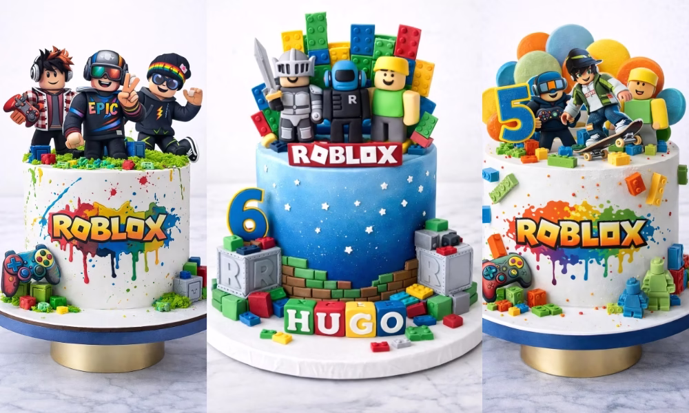 Tres modelos de cumpleaños con figuras de avatar, bloques de colores y decoración infantil sobre base blanca