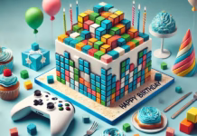 Pastel de Roblox: 25 ideas para un cumpleaños temático Pastel temático de Roblox con bloques de colores, cubos apilados y detalles festivos en mesa decorada