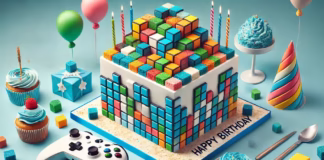 Pastel de Roblox: 25 ideas para un cumpleaños temático Pastel temático de Roblox con bloques de colores, cubos apilados y detalles festivos en mesa decorada