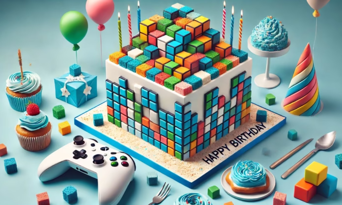 Pastel temático de Roblox con bloques de colores, cubos apilados y detalles festivos en mesa decorada