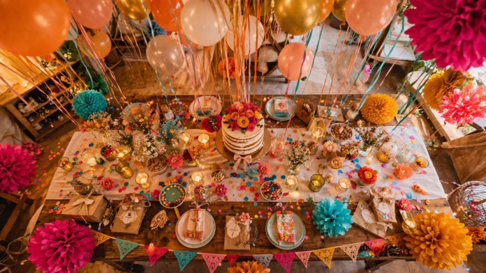 adornos-para-fiesta Mesa principal con adornos para fiesta, globos, flores de papel, pastel y detalles coloridos para una celebración en casa