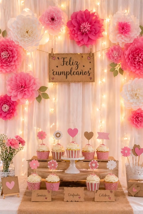Mesa dulce de cumpleaños con flores de papel, luces cálidas y cupcakes decorados