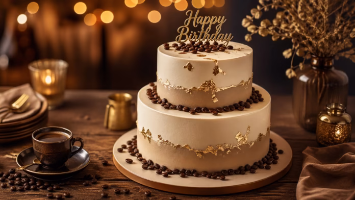 pastel de café de dos pisos con detalles dorados, granos de café y taza servida en ambientación elegante de cumpleaños