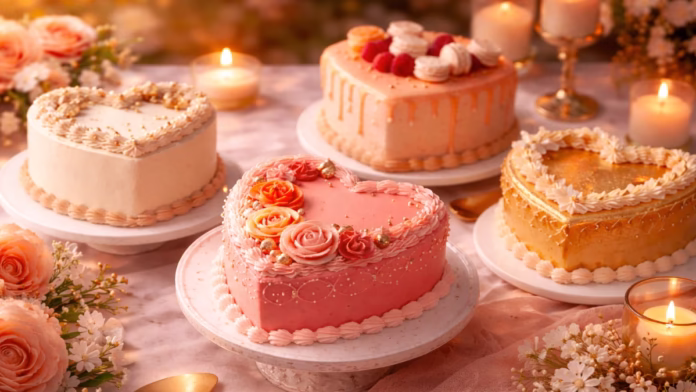pasteles de corazón decorados en tonos rosados y crema con flores y detalles románticos
