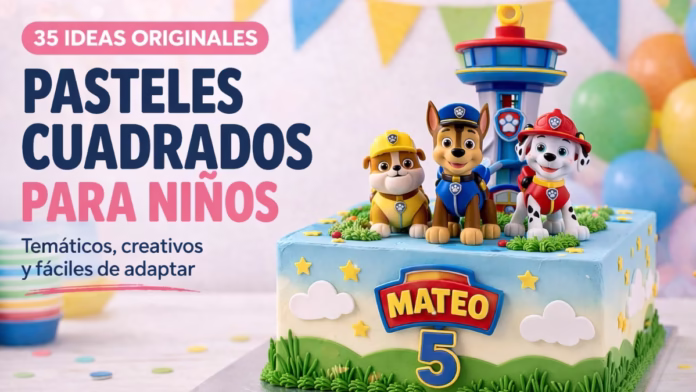 Alt text SEO destacada: pasteles cuadrados para niños con diseño de Paw Patrol en color azul y figuras decorativas sobre la torta