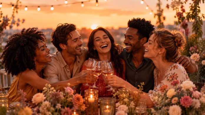 frases-de-amor-y-amistad Grupo de amigos celebrando al atardecer para ilustrar frases de amistad y amor