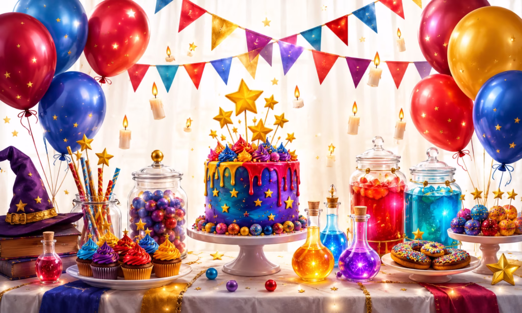 Mesa dulce de fiesta mágica con tarta colorida, cupcakes, globos y frascos de pociones.