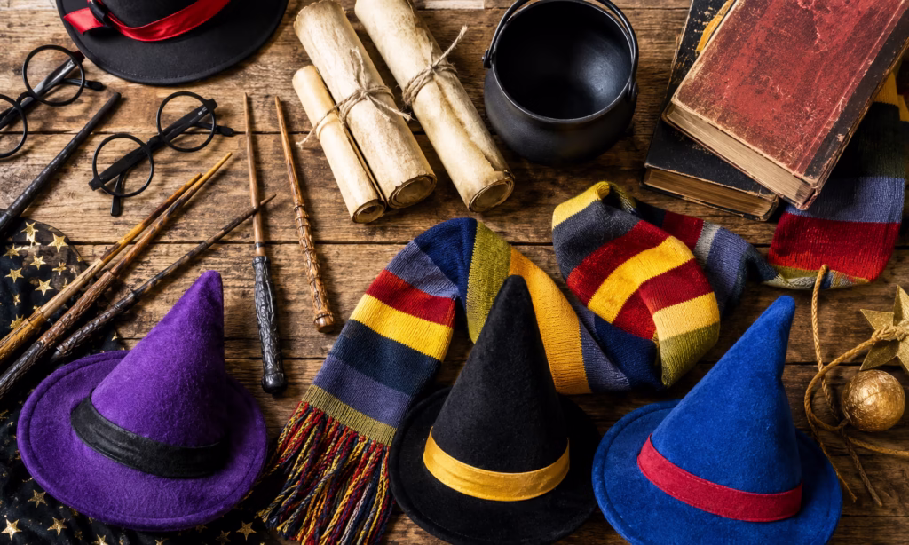 Accesorios para fiesta de magia con varitas, sombreros, bufandas, pergaminos y libros antiguos.
