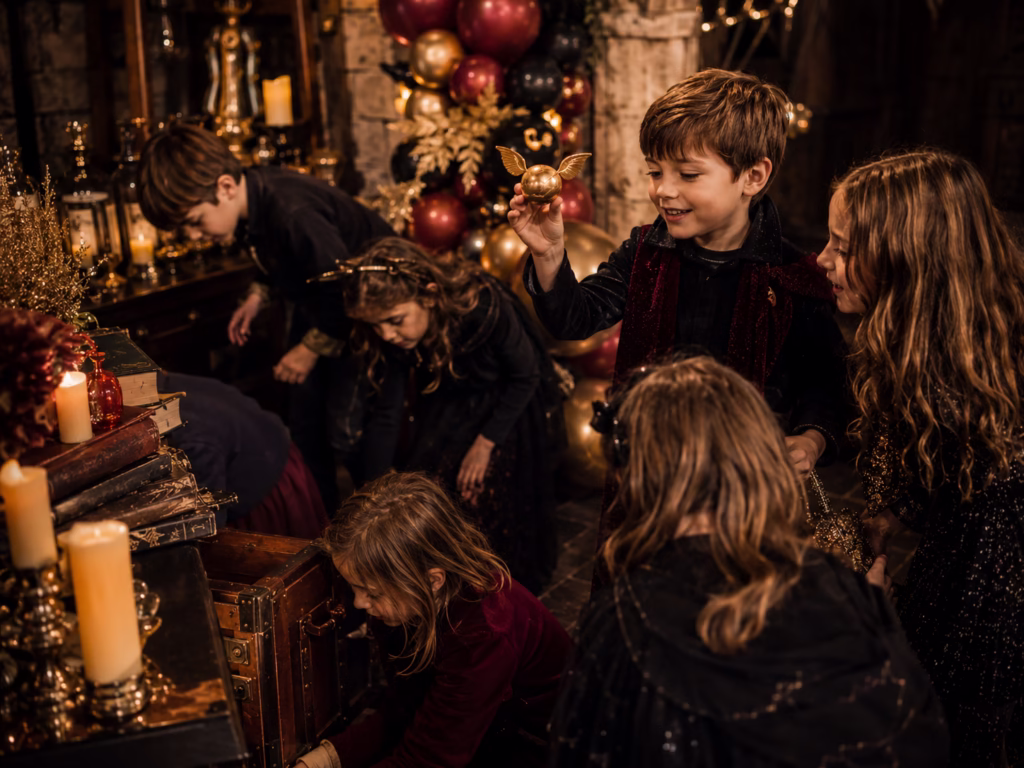 Niños jugando en una sala decorada con globos oscuros, velas LED, libros antiguos y adornos dorados