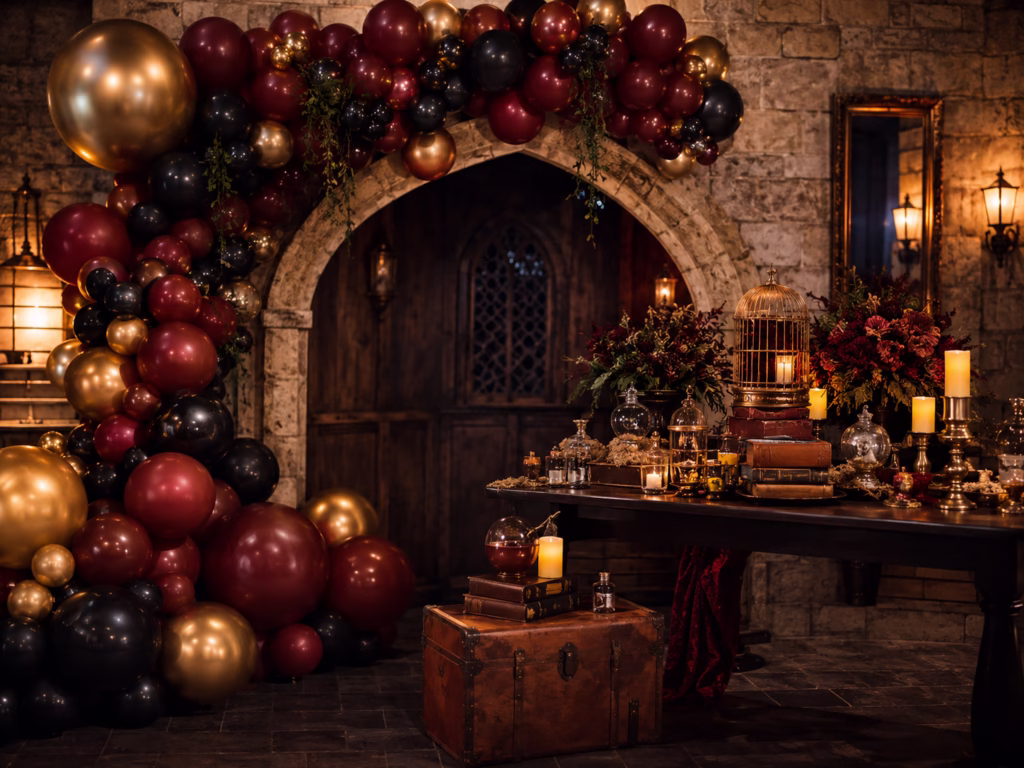 Arco de globos granate, negro y dorado con mesa decorativa, velas LED, libros antiguos y detalles elegantes.