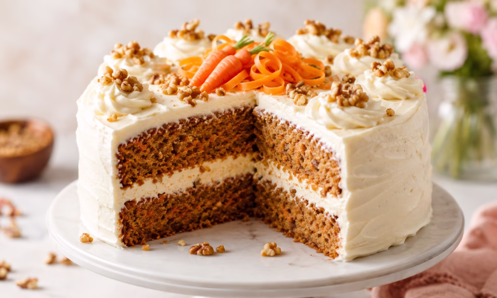 Tarta de zanahoria con crema de queso, nueces y decoración de zanahoria en una presentación elegante.