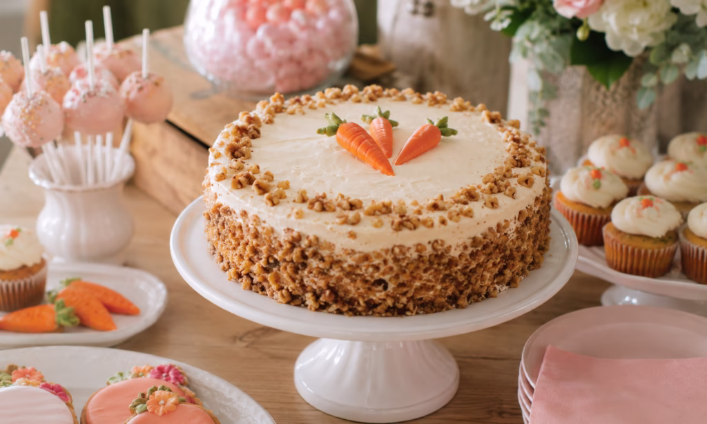 Tarta de zanahoria con crema de queso y nueces presentada en una mesa dulce de cumpleaños.
