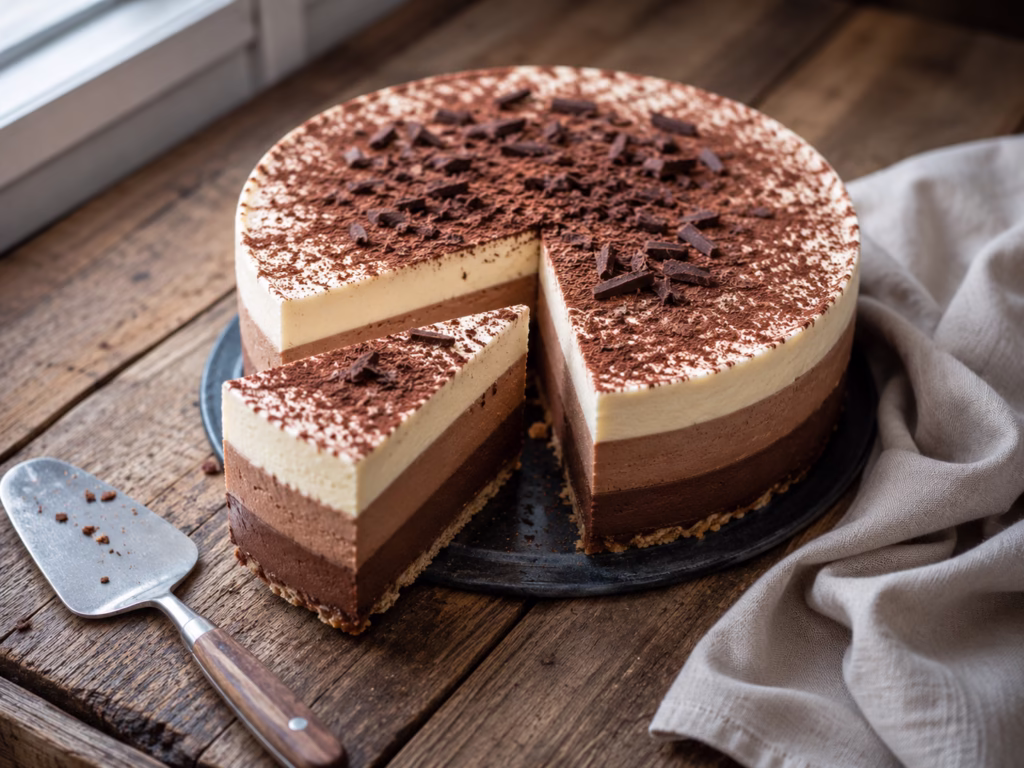 Porción servida con capas de chocolate y virutas sobre una mesa de madera