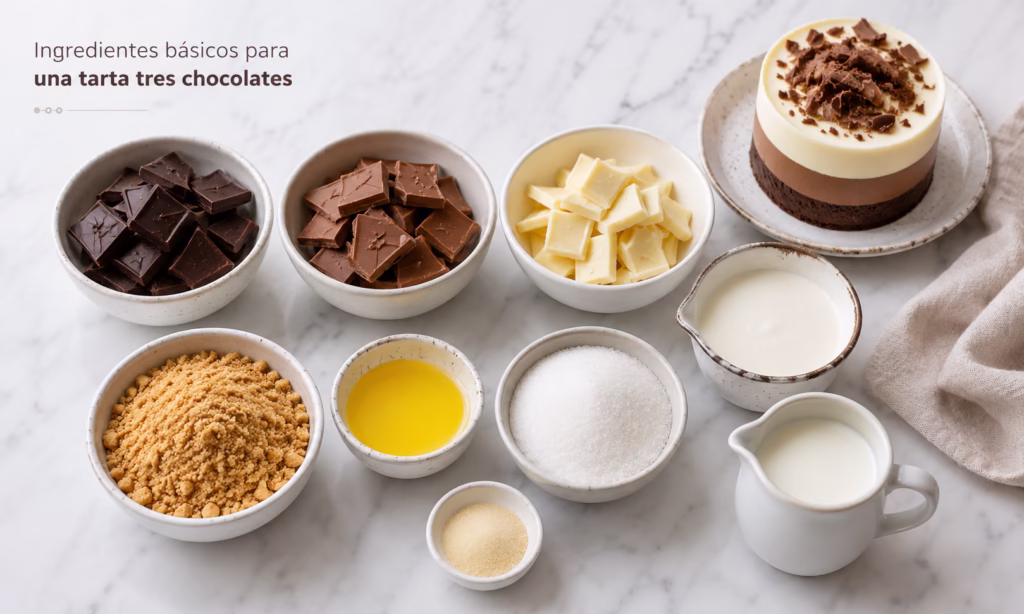 Ingredientes para preparar un postre de chocolate con galletas, nata y tres tipos de chocolate