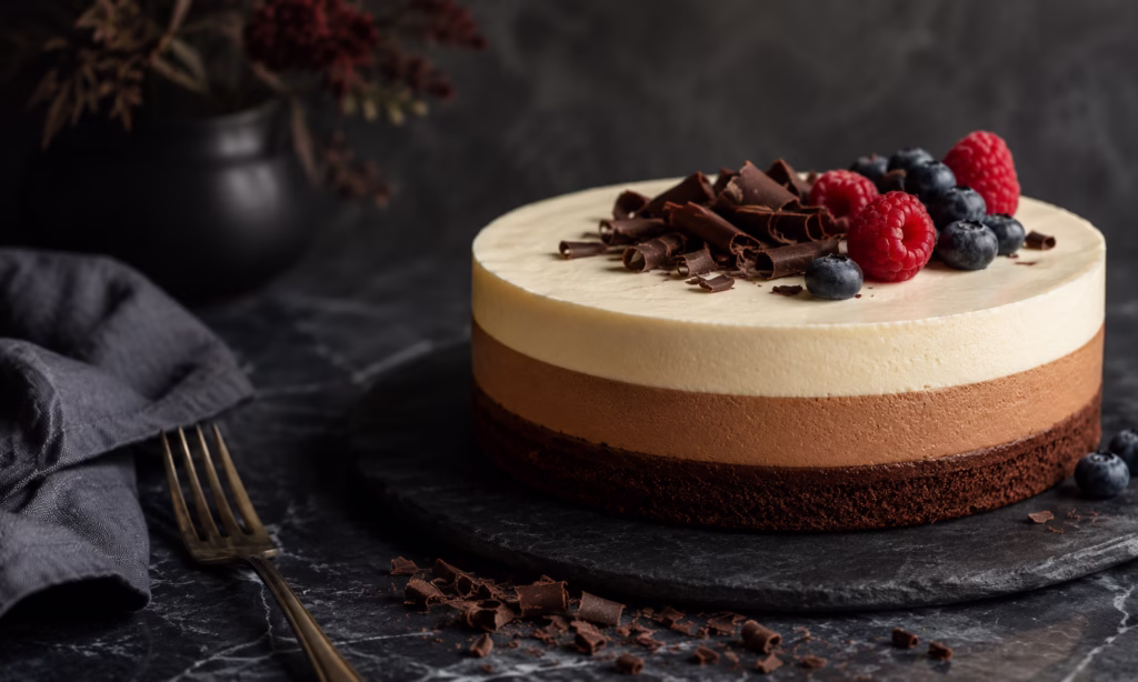 Postre cremoso decorado con frutos rojos y virutas sobre una base oscura