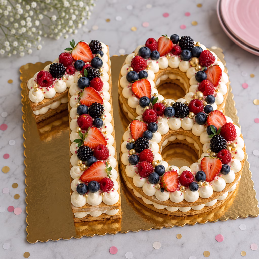 Postre en forma de número 18 con frutas rojas, crema y detalles dorados