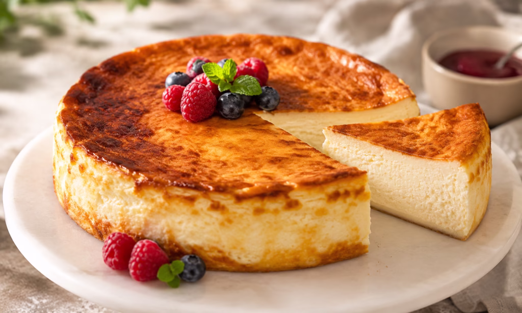 Porción cremosa con frutos rojos servida junto a una tarta dorada al horno