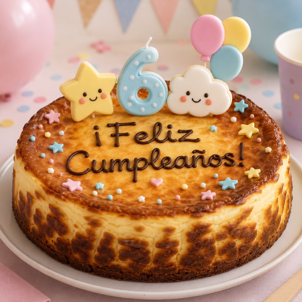 Tarta de queso para cumpleaños infantil decorada con vela de número y detalles coloridos