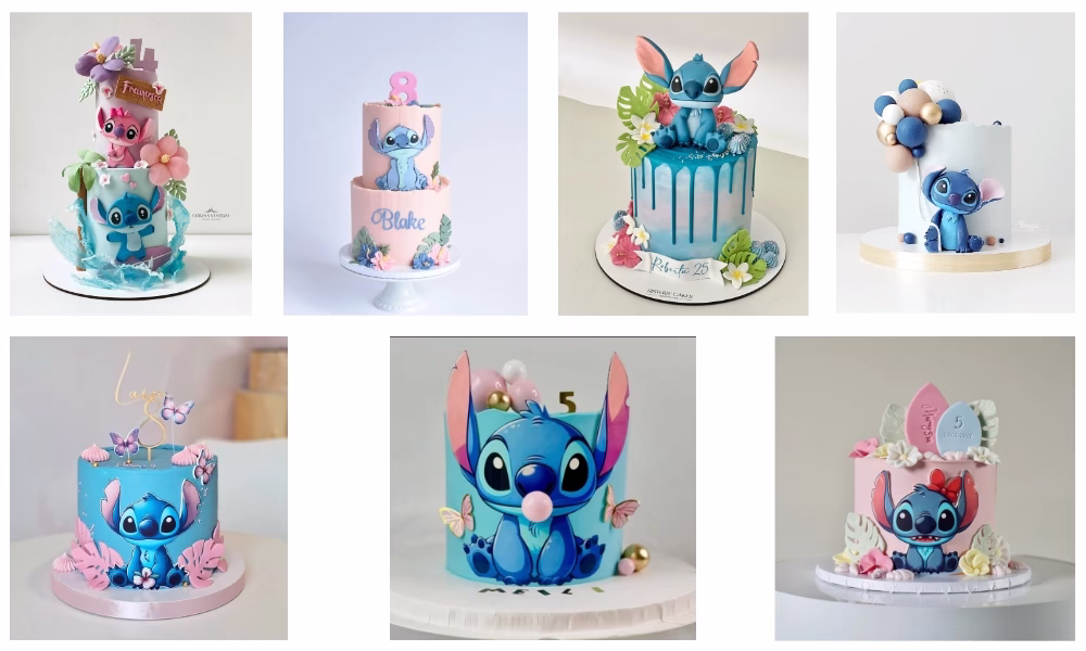 galería de bizcochos infantiles azules y rosas con decoración tropical