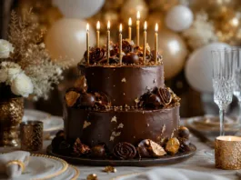 Tarta de cumpleaños de chocolate de dos pisos con decoración dorada