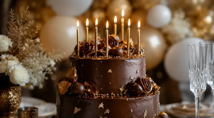 Tarta de chocolate para cumpleaños: ideas bonitas y deliciosas Tarta de cumpleaños de chocolate de dos pisos con decoración dorada
