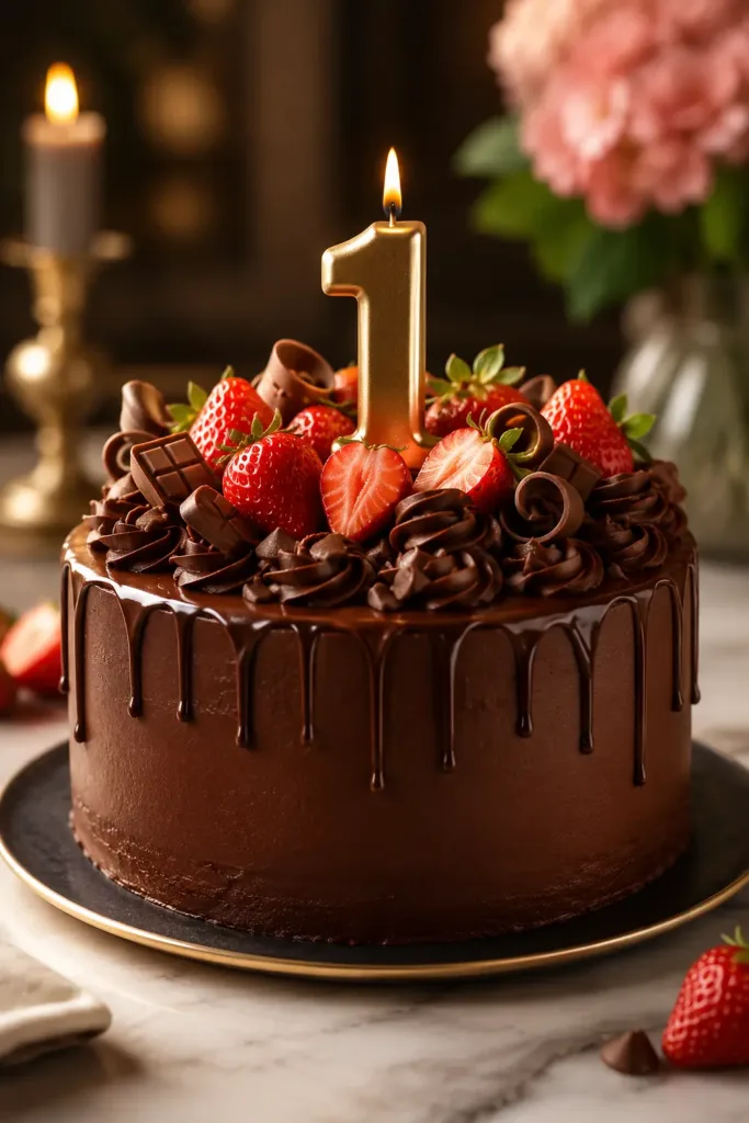 Tarta de chocolate con fresas y vela dorada para celebrar un cumpleaños